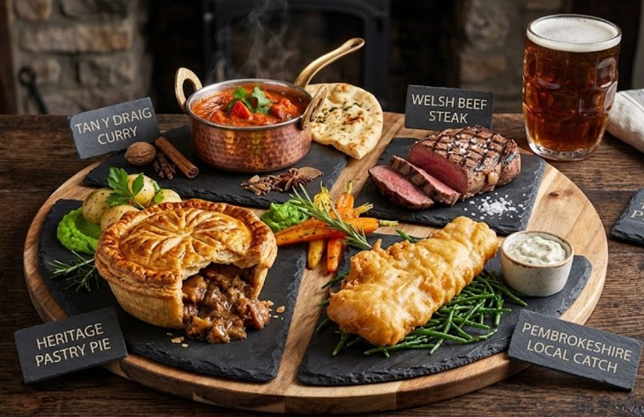 Heritage pastry pie, Tan y Draig curry, Welsh beef steak and Pembrokeshire local catch at The Cross Inn